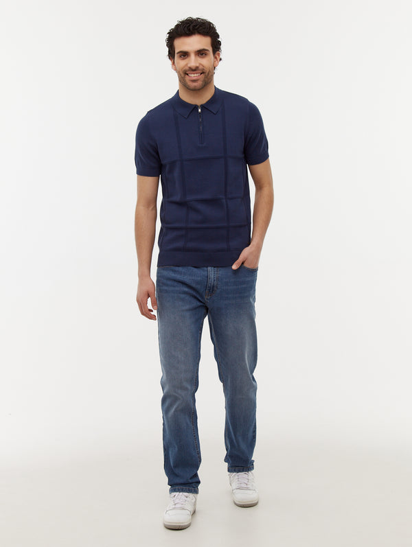 Navaro Grid Pattern Polo Shirt - Blue - Bench