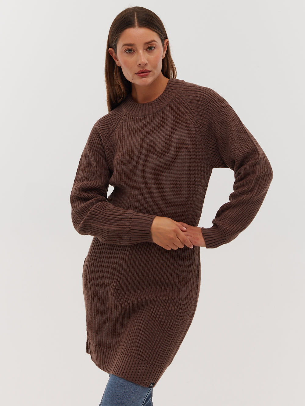Karlie Rib Knit Sweater Dress - Brown