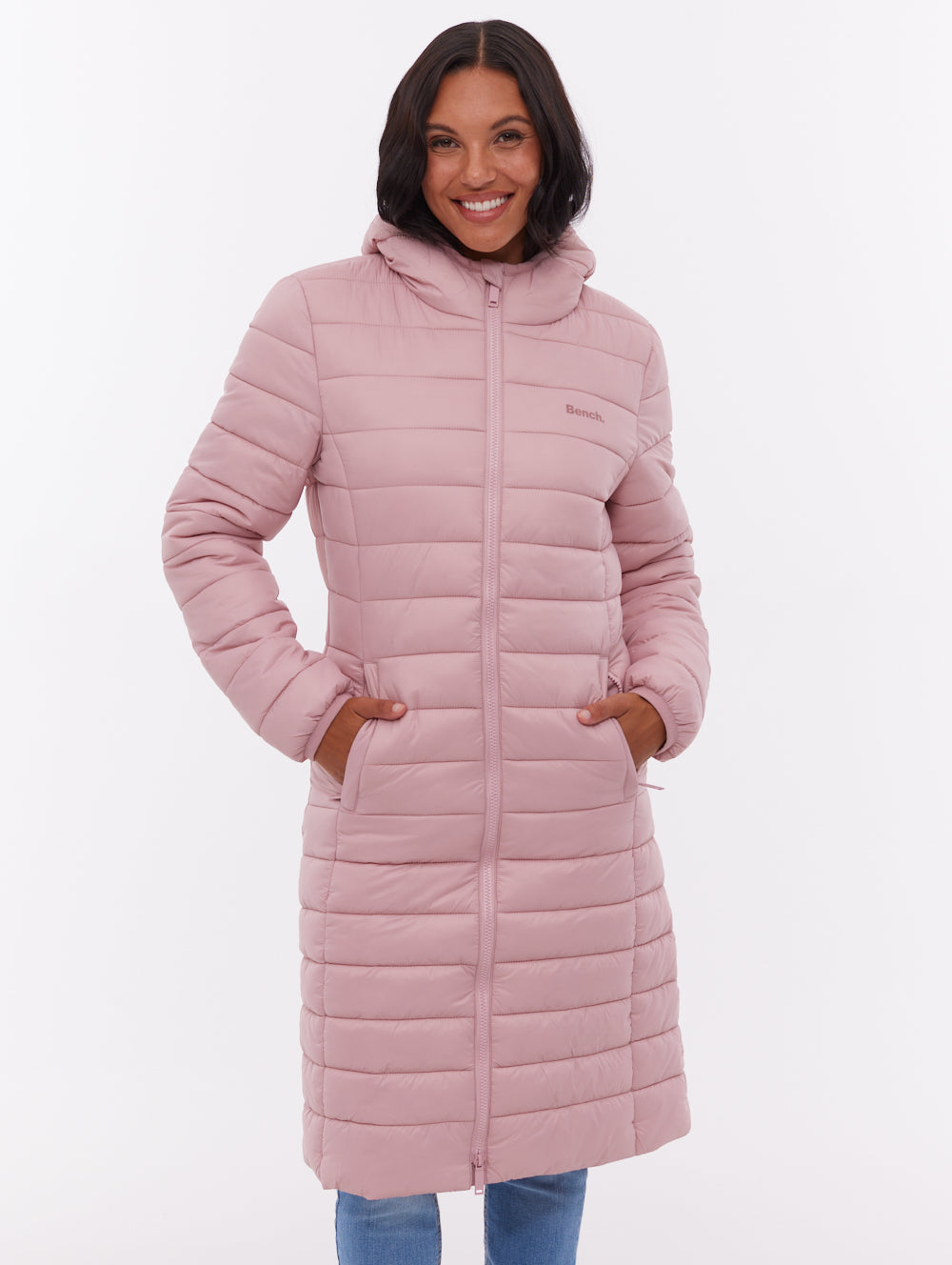 Nella manteau matelassé long à capuchon - Rose