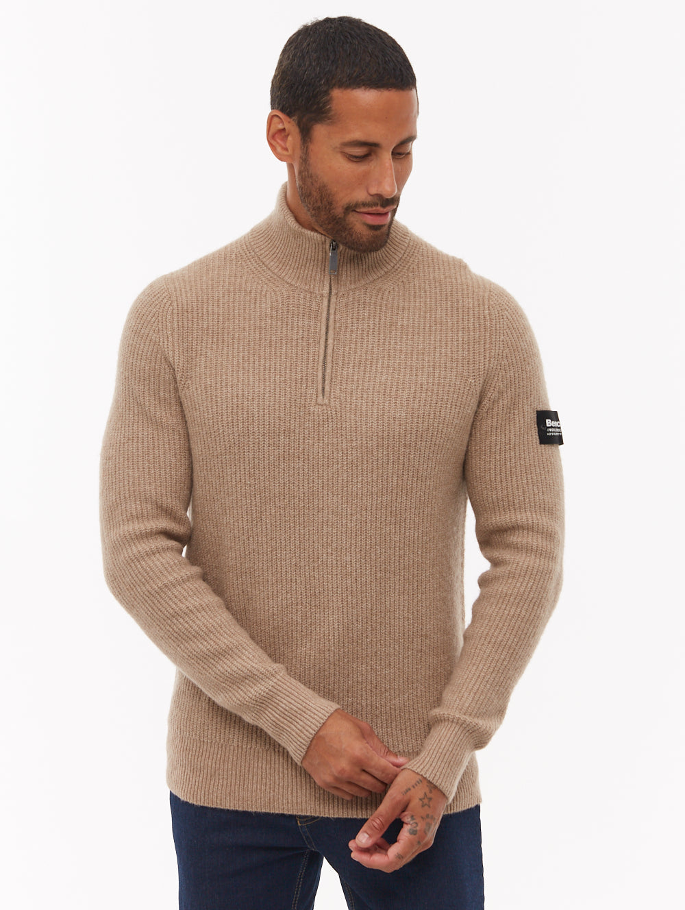 Yanta Quarter-Zip Funnel-Neck Sweater - Beige - Bench
