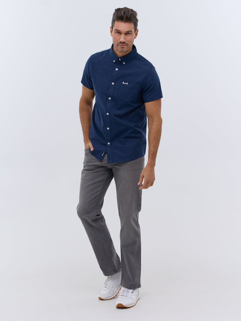 【BAON】[unisex] Bohenni Net Punching Collar Short Sleeve KT Bowdon Short Sleeve Oxford Shirt - Bench