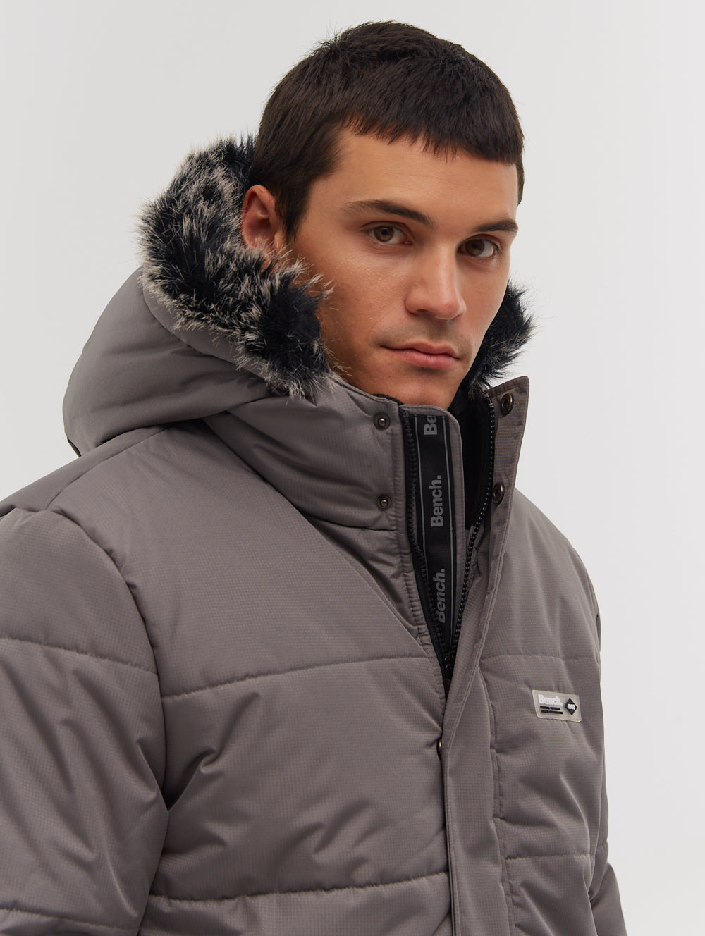 Grey puffer jacket fur hood online