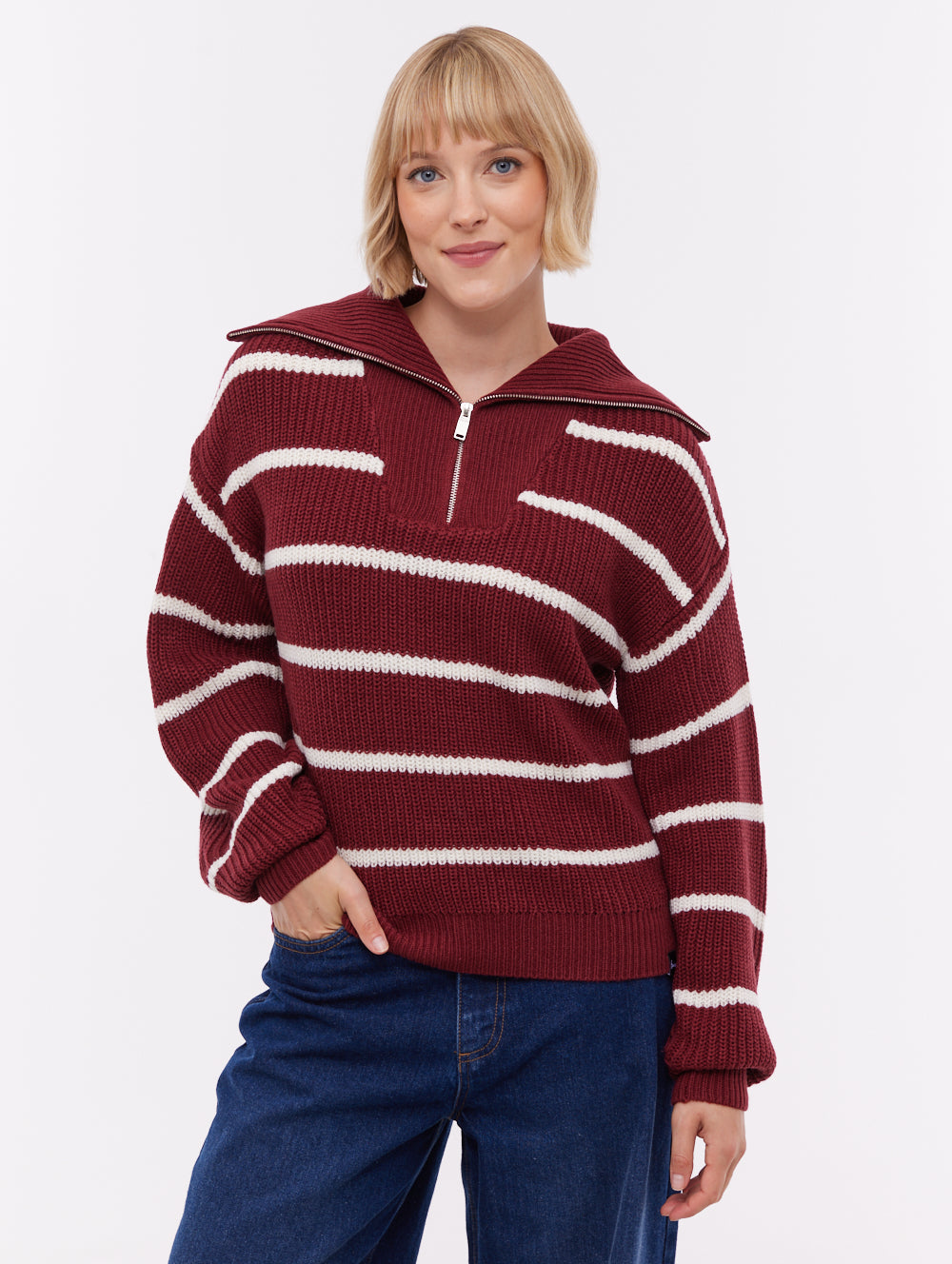 ma　フランネル Margita Striped Zippered Funnel Sweater - Red - Bench