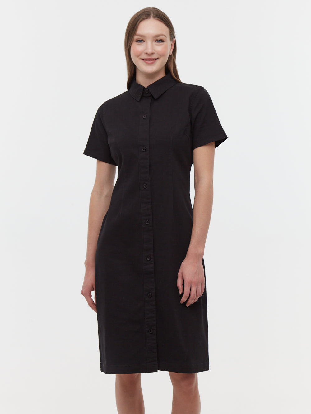 black button down short sleeve shirt dress Black Linen Dress - Button-Up Dress - Short Sleeve Midi Dress